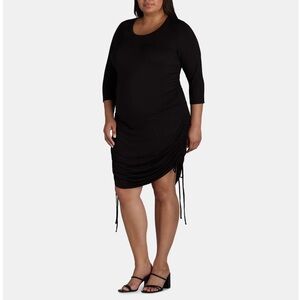 Terra & Sky Women's Black Ruched Knit Midi Dress with Side Ties Size 1X NWT
